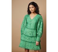 Oasis Petite Broderie Lace Trim Tiered Mini Dress In Green green 10
