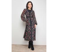 Oasis Women's Petite Chiffon Printed Lace Trim Detail Ruffle Midi Dress in Black | Size: 12 Oasis Black 12