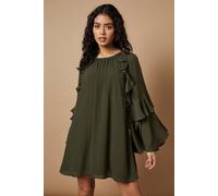 Oasis Petite Chiffon Ruffle Sleeve Mini Dress In Khaki khaki 10