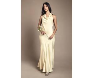 Oasis Petite Cowl Halterneck Satin Maxi Bridesmaid Dress In Lemon lemon