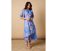 Oasis Petite Double Frill Satin Burnout Midi Dress In Navy navy 8