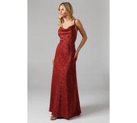 Oasis Petite Double Strap Cowl Neck Satin Jacquard Bridesmaid Midi Dress In Rust rust 10