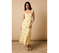 Oasis Women's Petite Floral Pleated Tie Shoulder Midi Dress in Lemon | Size: 14 Oasis Lemon 14