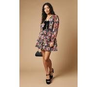 Oasis Petite Floral Printed Organza Shirred Waist Tiered Bow Mini Dress In True Black true black 10