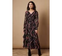 Petite Floral Printed Ruffle Detail Shirred Waist Midaxi Dress Oasis Black 14