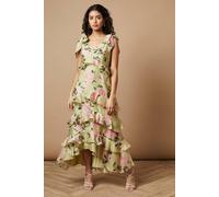 Oasis Petite Floral Printed Tiered Ruffle Tie Shoulder Midi Dress In Sage sage 8