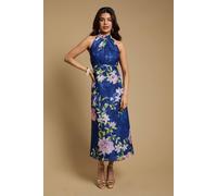 Oasis Petite Floral Satin Burnout Halterneck Midi Dress multi