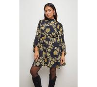 Oasis Petite High Neck Gathered Waist Balloon Sleeve Mini Dress In Black black 8