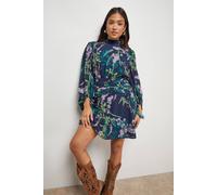 Oasis Petite High Neck Gathered Waist Balloon Sleeve Mini Dress In Navy navy 14