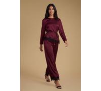 Oasis Petite Lace Cuff Satin Back Crepe Wide Leg Trouser In Berry berry