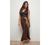 Oasis Petite Metallic Lace Detail Midi Slip Dress In Chocolate chocolate 14