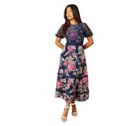 Oasis Petite Occasion Floral Lace Bodice Midi Dress, 8, Navy
