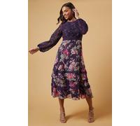 Oasis Petite Occasion Floral Lace Bodice Midi Dress In Berry berry