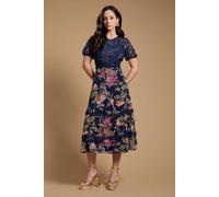 Oasis Petite Occasion Floral Lace Bodice Midi Dress In Navy navy