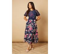 Oasis Petite Occasion Floral Lace Bodice Midi Dress In Navy navy 8