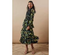 Oasis Women's Petite Occasion Floral Lace Trim Dobby Chiffon Tiered Midaxi Dress in Black | Size: 14 Oasis Black 14