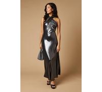 Oasis Petite Occasion Metallic Twist Neck Midaxi Dress In Pewter pewter 10