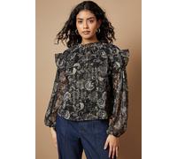 Oasis Petite Paisley Metallic Chiffon Tie Neck Blouse In Black black 8