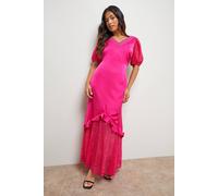 Petite Plain Lace Frill Detail Puff Sleeve Midi Dress Oasis Fuchsia 10