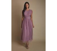 Oasis Women's Petite Pleat Bodice Ruffle Mesh Bridesmaid Midi Dress in Mauve | Size: 16