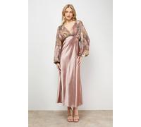 Oasis Petite Printed Balloon Sleeve V Neck Satin Chiffon Mix Midaxi Dress In Floral floral 6