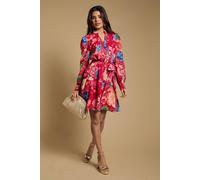 Oasis Petite Printed Chiffon Button Up Belted Waist Mini Dress In Red red