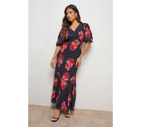 Oasis Petite Printed Chiffon Puff Sleeve Fishtail Midaxi Dress In Black black 8