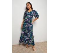 Oasis Women's Petite Printed Chiffon Puff Sleeve Fishtail Midaxi Dress in Navy | Size: 8 Oasis Navy 8