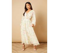 Oasis Petite Printed Cut Out Long Sleeve Midi Dress In Ivory ivory 14