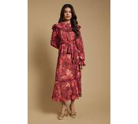 Oasis Women's Petite Printed Dobby Chiffon Belted Waist Midi Dress in Burgundy | Size: 8 Oasis Burgundy 8