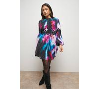 Oasis Petite Printed Dobby Chiffon Lace Detail Mini Dress multi