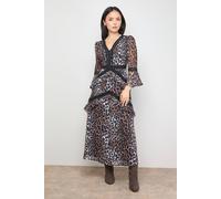 Oasis Petite Printed Lace Trim Detail Flare Sleeve Chiffon Midi Dress multi 16