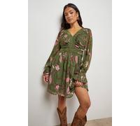 Petite Printed Lace Trim Gathered V Neck Mini Dress Oasis Multi 14