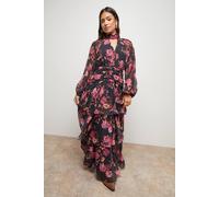 Oasis Petite Printed Ruffle Tiered High Neck Maxi Dress In Black black