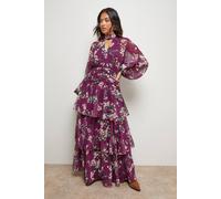 Petite Printed Ruffle Tiered High Neck Maxi Dress Oasis Purple 8