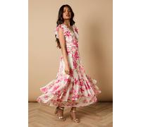 Oasis Petite Printed Twist Front Detail Tiered Midi Dress In Ivory ivory 12