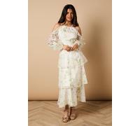 Oasis Petite Rose Floral Organza Cold Shoulder Midi Dress In Ivory ivory 14