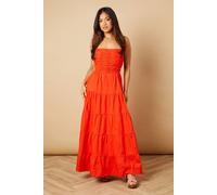 Oasis Petite Ruched Bodice Lace Up Back Maxi Dress In Red Orange red orange 16