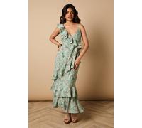 Oasis Petite Ruffle Detail Asymmetric Tiered Midi Dress In Green green 8