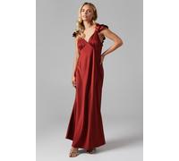 Oasis Petite Ruffle Neckline Satin Maxi Bridesmaid Dress In Burnt Orange burnt orange 14