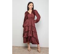 Oasis Petite Ruffle Tiered Balloon Sleeve High Low Hem Midi Dress In Chocolate chocolate
