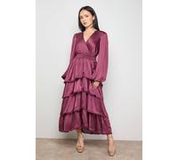 Oasis Petite Ruffle Tiered Balloon Sleeve High Low Hem Midi Dress In Plum plum 8