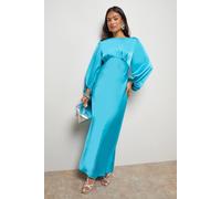 Oasis Petite Satin Boho Sleeve Crew Neck Bias Midi Dress In Aqua aqua 16