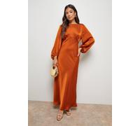 Oasis Petite Satin Boho Sleeve Crew Neck Bias Midi Dress In Ginger ginger 12