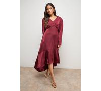 Oasis Petite Satin Puff Sleeve V Neck High Low Hem Midi Dress In Merlot merlot
