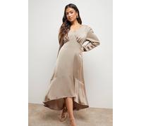Oasis Petite Satin Puff Sleeve V Neck High Low Hem Midi Dress In Mink mink 12