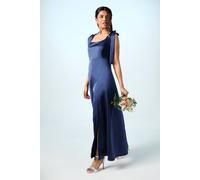 Oasis Petite Satin Tie Shoulder Midi Bridesmaid Dress In Navy navy 16