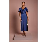 Oasis Petite Satin Twist Angel Sleeve Midi Bridesmaid Dress In Navy navy 12