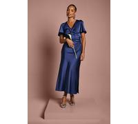 Oasis Petite Satin Twist Angel Sleeve Midi Bridesmaid Dress In Navy navy 18