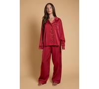 Oasis Women's Plain Satin Contrast Binding Nightwear Set in Berry | Size: Small